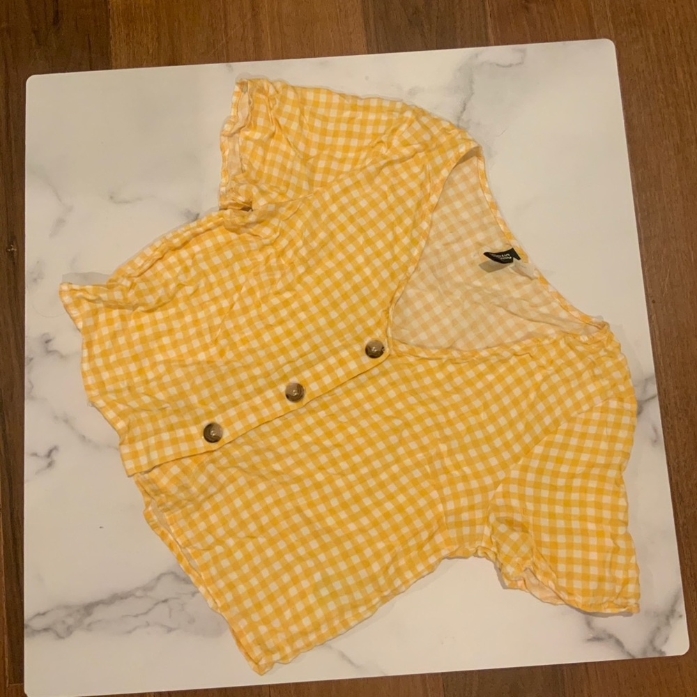 H&M Crop Yellow Gingham Print Button-down Top